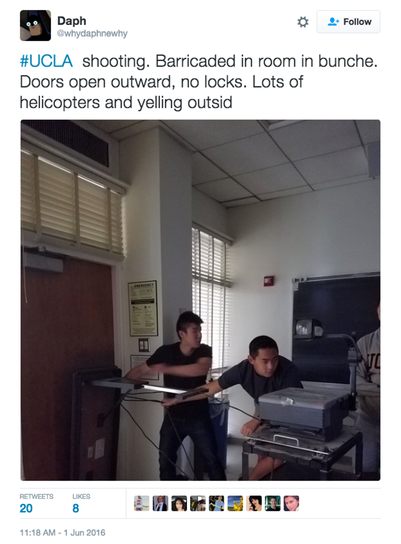 Illustration for article titled UCLA Students on Active Shooter Lockdown Are Engineering the Hell Out of Doors Without Locks
